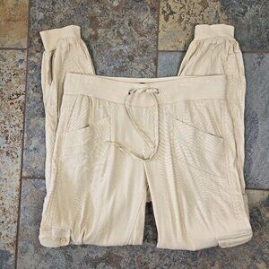 Bebe Sz 2 Cream Linen Blend Pull On Casual Cargo Pants Drawstring Waist Pockets